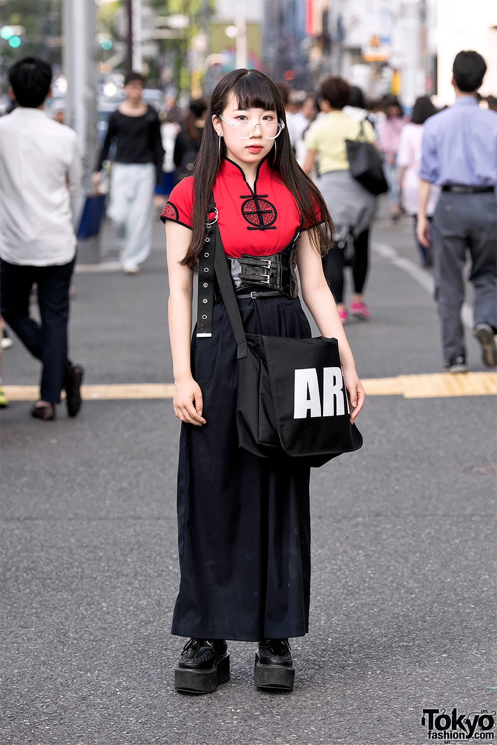 Harajuku Girl in Chinese Top, Leather Corset Belt, Platform Creepers & Basic Cotton 