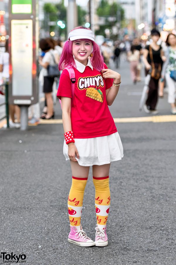Harajuku Girl w/ Pink Hair in Kawaii Chuy’s Tacos Tee, Pink Converse & Lego Backpack