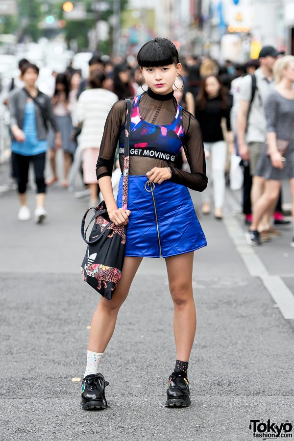 Trendy Harajuku Street Fashion w/ Sheer Top, Quilted MORPH8NE Skirt & Hoop Earrings