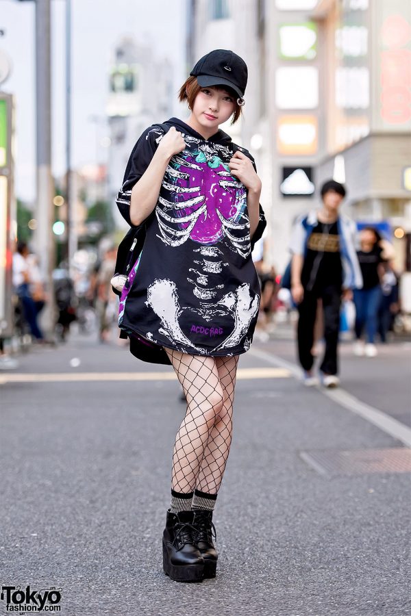 Harajuku Girl in ACDC Rag Skeleton Dress, Fishnets & O-Ring Cap