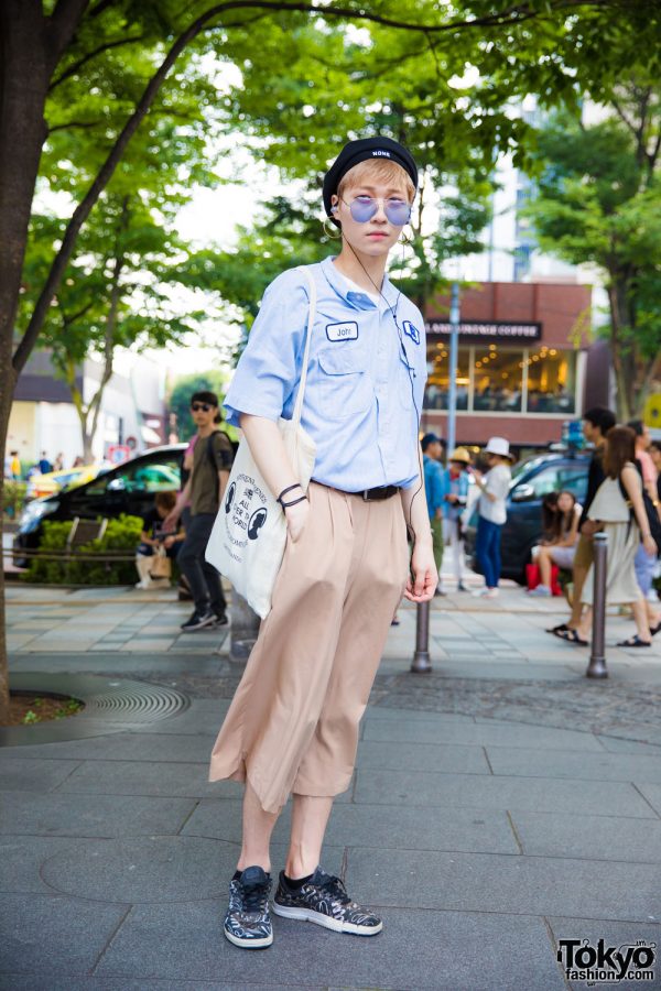 Harajuku Streetwear Look w/ Resale Uniform Shirt, Beret, Sostrene Grene Bag & Nike Sneakers