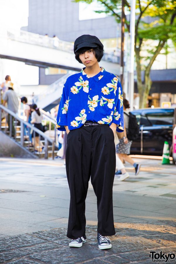 Harajuku Guy in Resale Floral Street Style w/ Converse Sneakers & Newsboy Cap