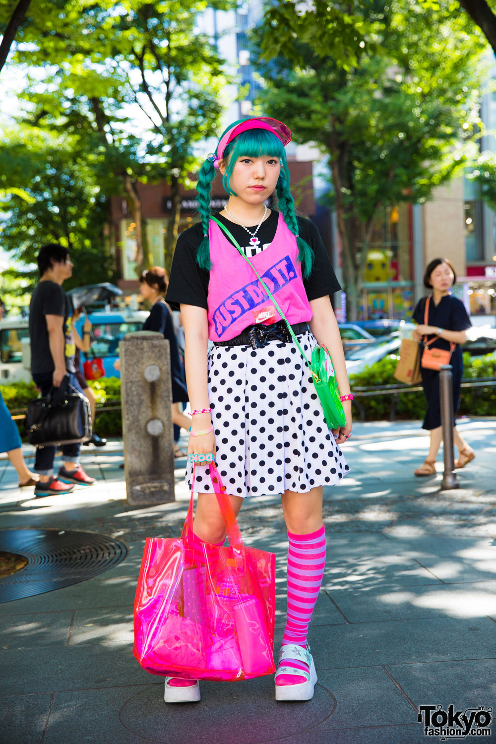 Colorful Harajuku Girl w/ Twin Braids in Polka Dot Skirt, 6%DOKIDOKI Accessories & Swimmer Ice Cream Bag