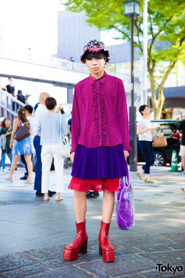 Harajuku Boy in Colorful Resale Street Style w/ Ruffle Shirt, Layered Skirts & Platform Snakeskin Boots