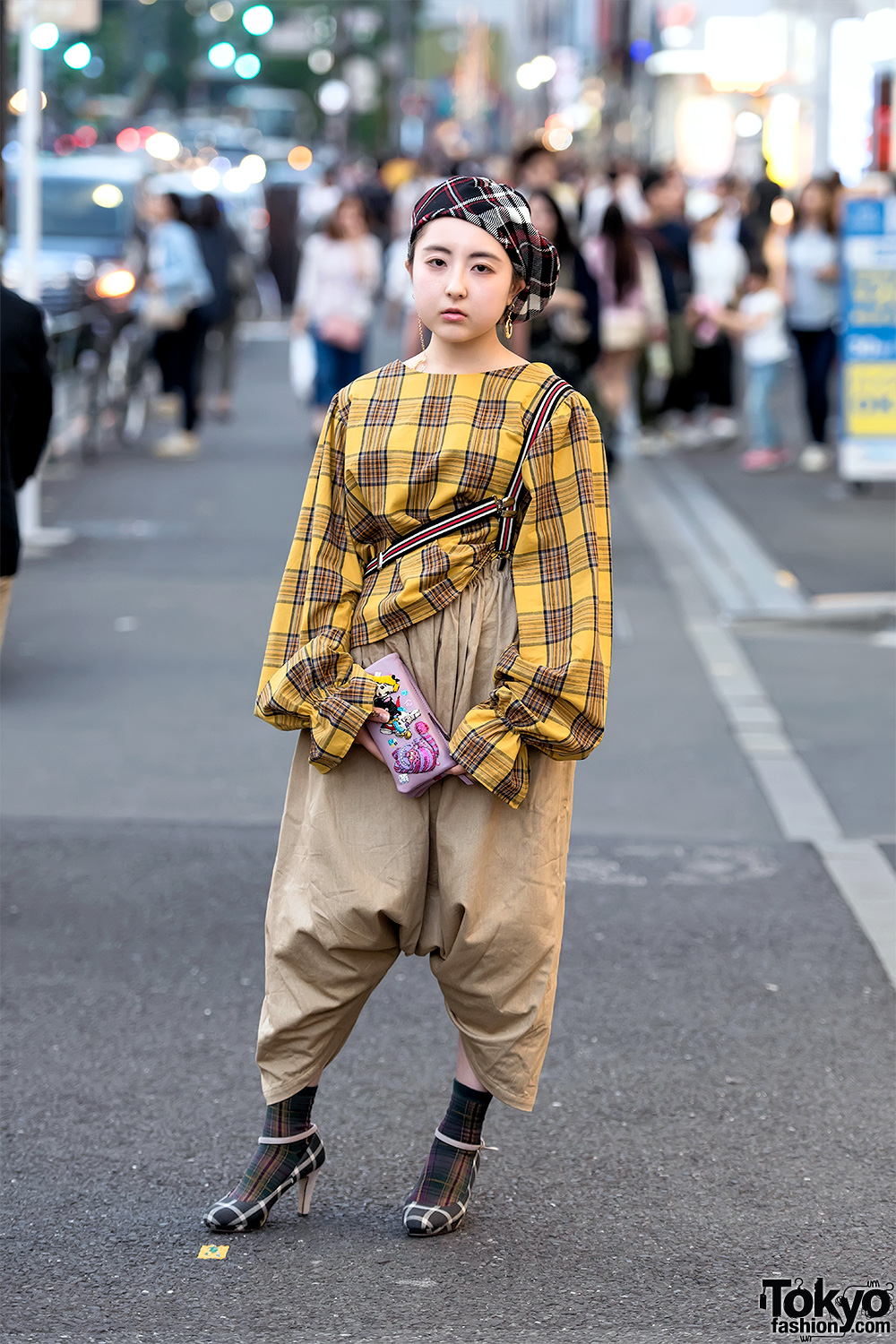 Harajuku Girl in Vintage Top, Handmade Skirt-Pants, Plaid Beret & Heels
