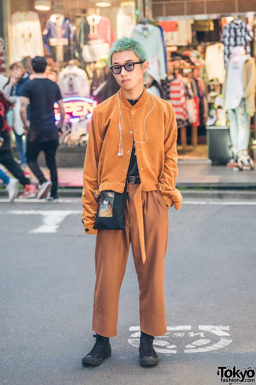 Aqua-Haired Harajuku Guy in Cognac Streetwear w/ Bed J.W. Ford, Bukht, Undercover, Toga & Porter