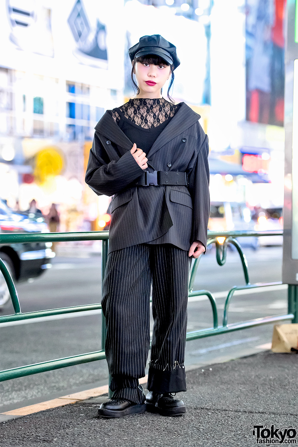 Harajuku Girl in Vintage Belted Blazer w/ Shoulder Pads, Remake Pinstripe Pants & Platform Creepers