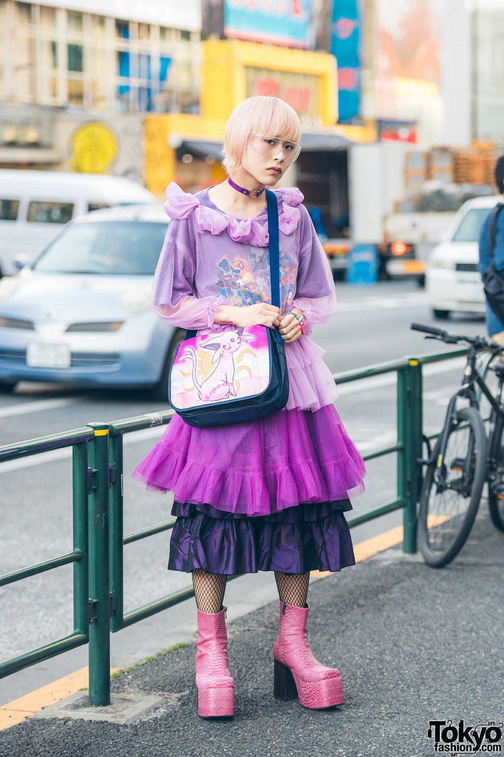 Pink-Haired Harajuku Guy in Sheer Top & Tiered Skirt w/ Kinji, WEGO & Pokemon Bag