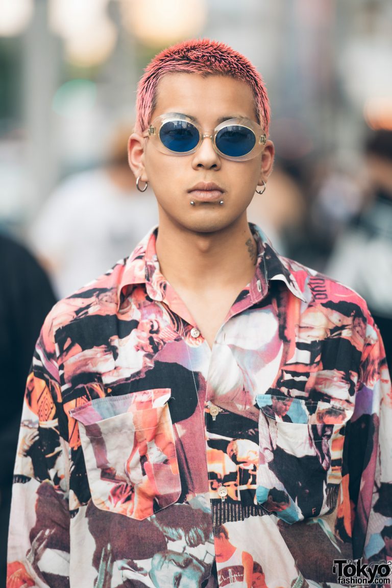 Pink Haired Harajuku Guy in Vintage Print Shirt, Raf Simons Sneakers ...