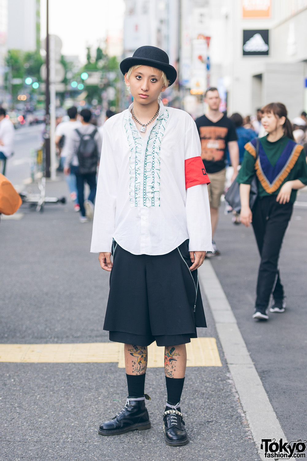 Punk Street Style w/ Ruffle Shirt, Comme des Garcons Skirt & Dr. Martens Ankle Boots