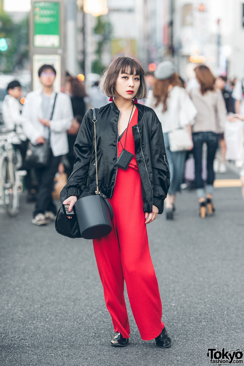 Japanese Dancer in Harajuku w/ Red Pantsuit, Vintage Zipper Boots & Grimoire Tassel Earrings