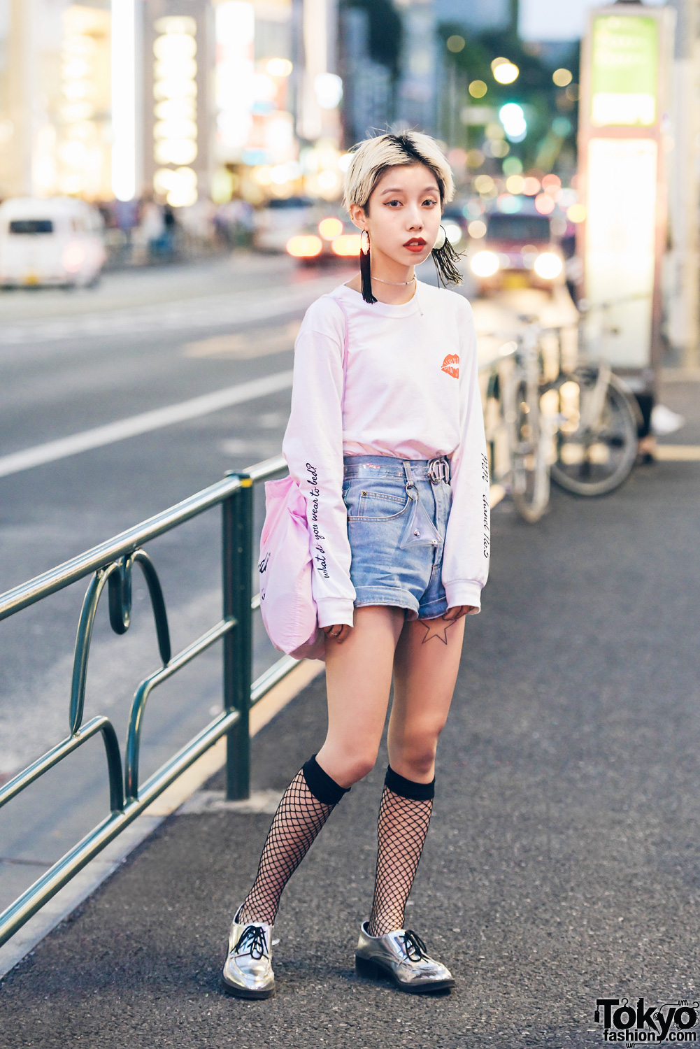 Pixie-Haired Japanese Hair Stylist in Harajuku w/ Vintage Cutoff Shorts & Biddie Tokyo Sweatshirt