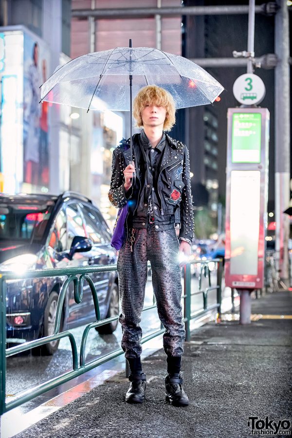 Rainy Weather Harajuku Street Style w/ Studded Leather Jacket, Snakeskin Pants & Nike Air Force Ones