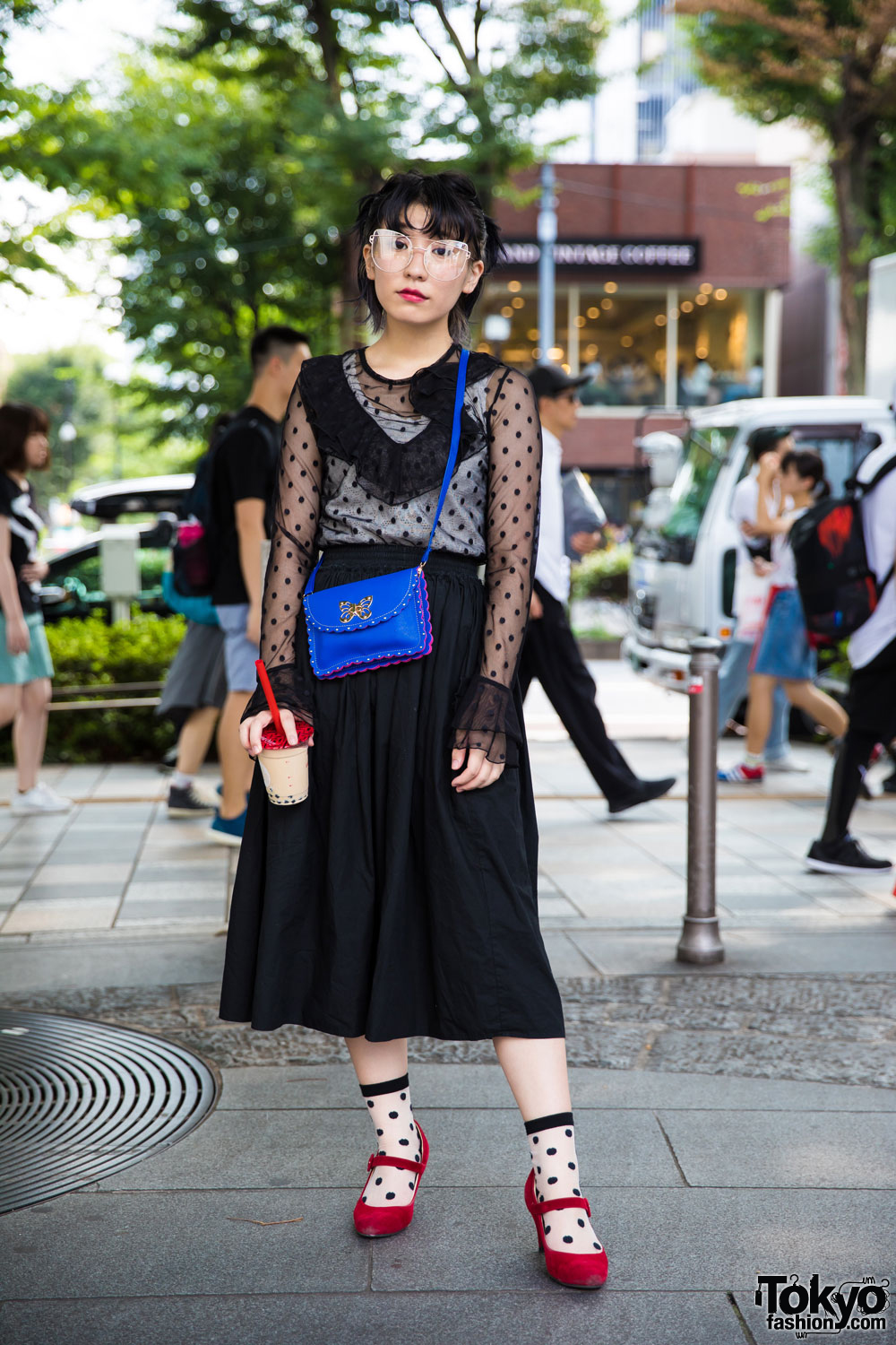 Harajuku Vintage Street Fashion w/ H&M Top, Vintage Midi Skirt, & Baby Doll Shoes