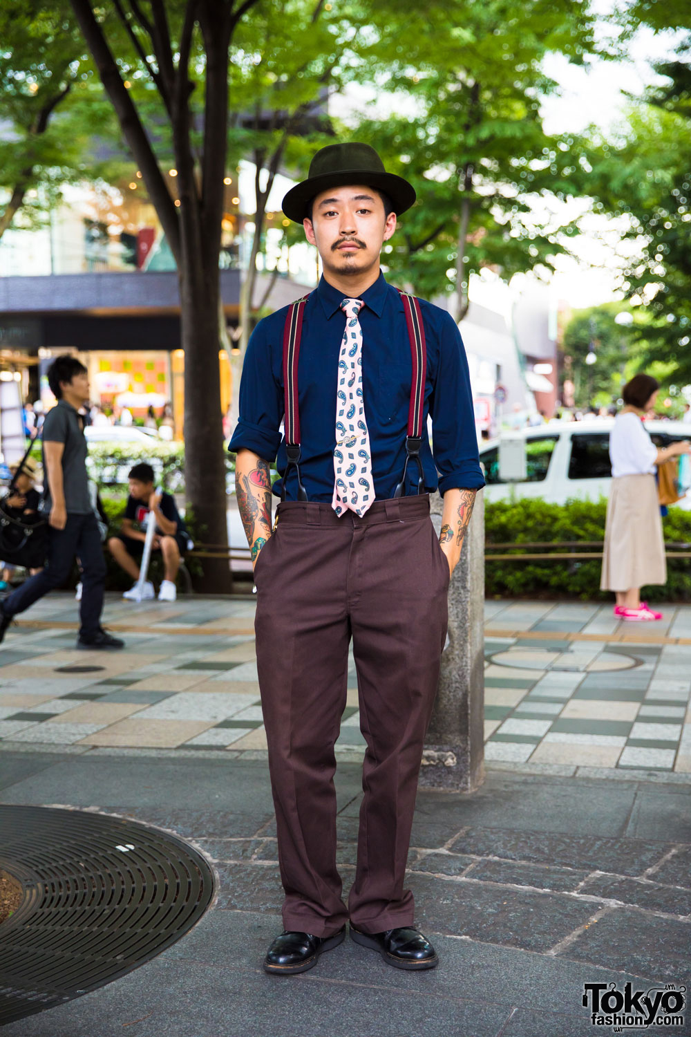 Japanese Barber in Dapper Harajuku Street Style w/ Hat, Suspenders, Dress Shoes & Tattoos