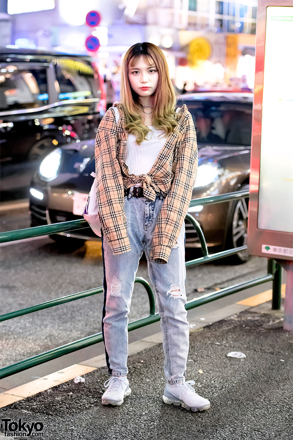 Green Haired Harajuku Girl in Burberry Plaid, O-Ring Choker & UNIF Rainbow Backpack