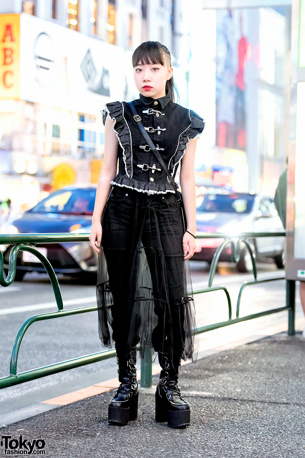 Harajuku Girl's Dark Street Style w/ MYOB Fireman Denim Top, Sheer Skirt & Dolls Kill Platform Boots