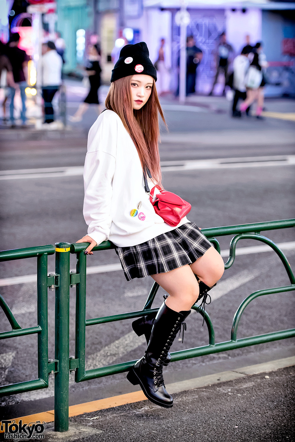 Harajuku Girl in Naning9 Sweatshirt, Plaid Skirt, Heart Purse & Lace-Up Boots