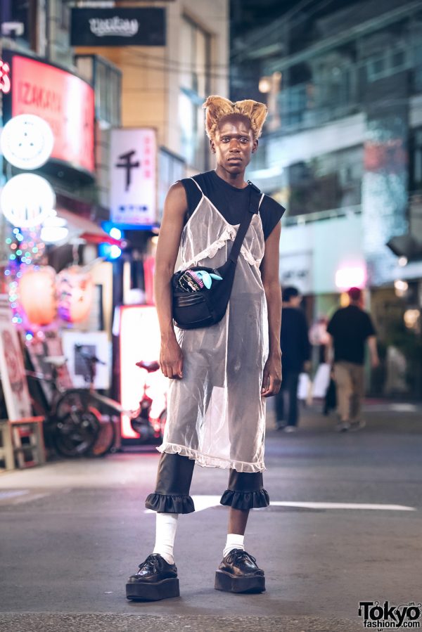 Paris Fashion Model in Harajuku at Night w/ Lingerie as Outerwear, Cropped Pants & Platform Creepers