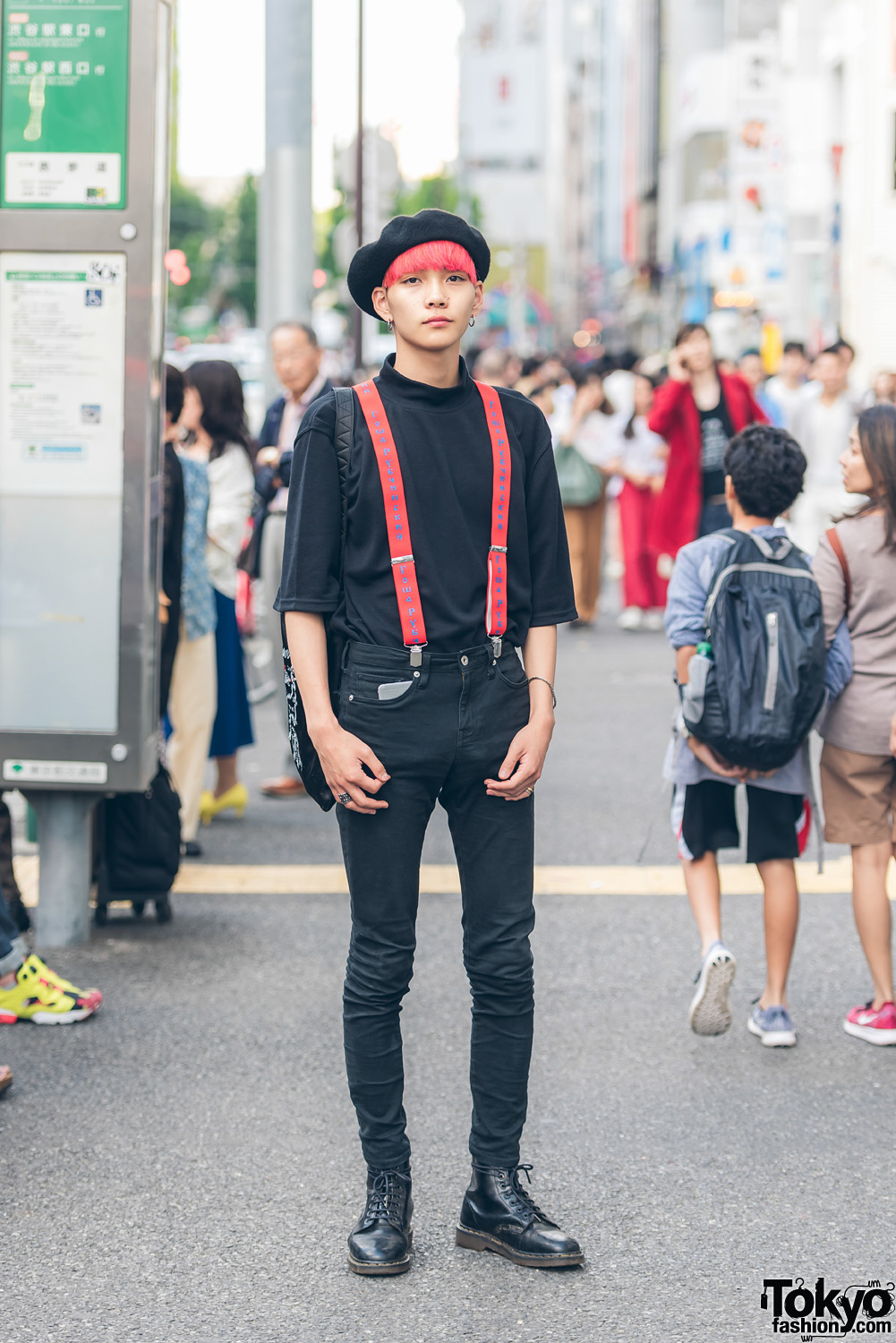 Pink-Haired Harajuku Guy in Black & Red w/ Gosha Rubchinskiy, Who's Who Gallery, Chrome Hearts & Dr. Martens