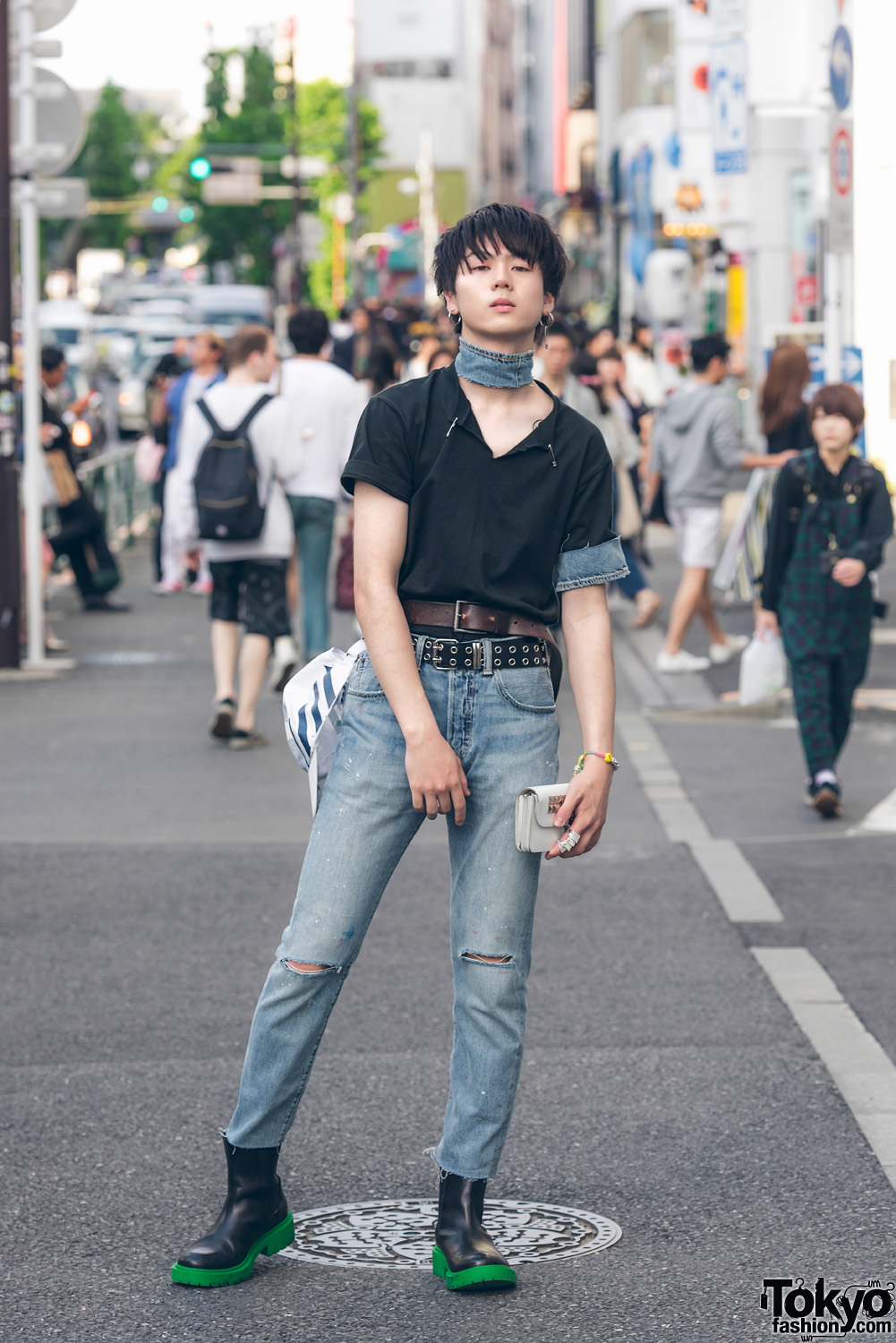 Harajuku Male Model in Denim Street Style w/ Levi's, Kenzo x H&M, Comme des Garcons & Off-White