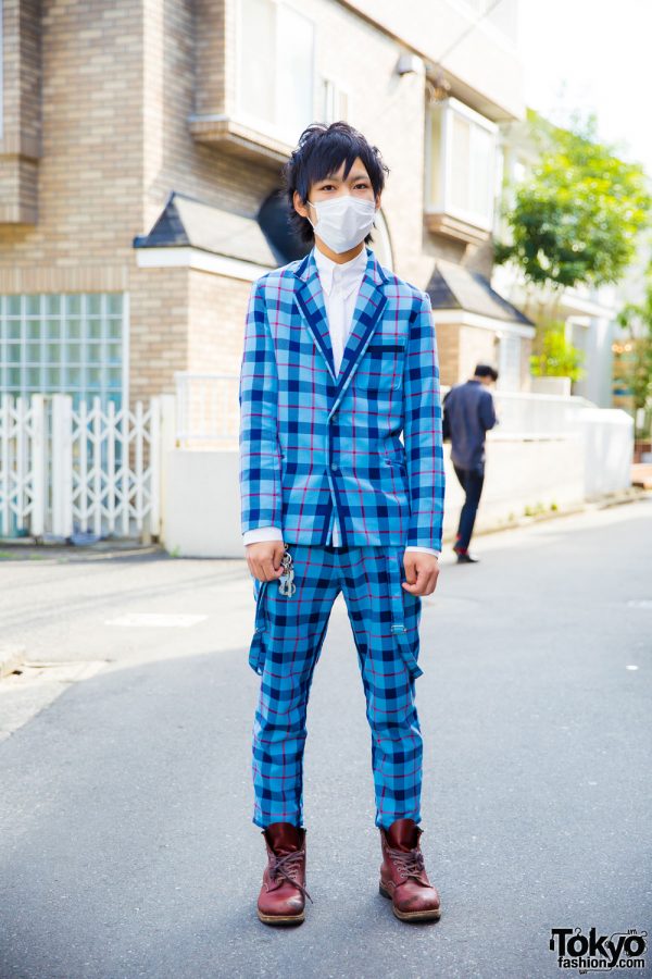 Harajuku Guy in Blue Plaid Milk Boy Suit, Face Mask & Brown Boots