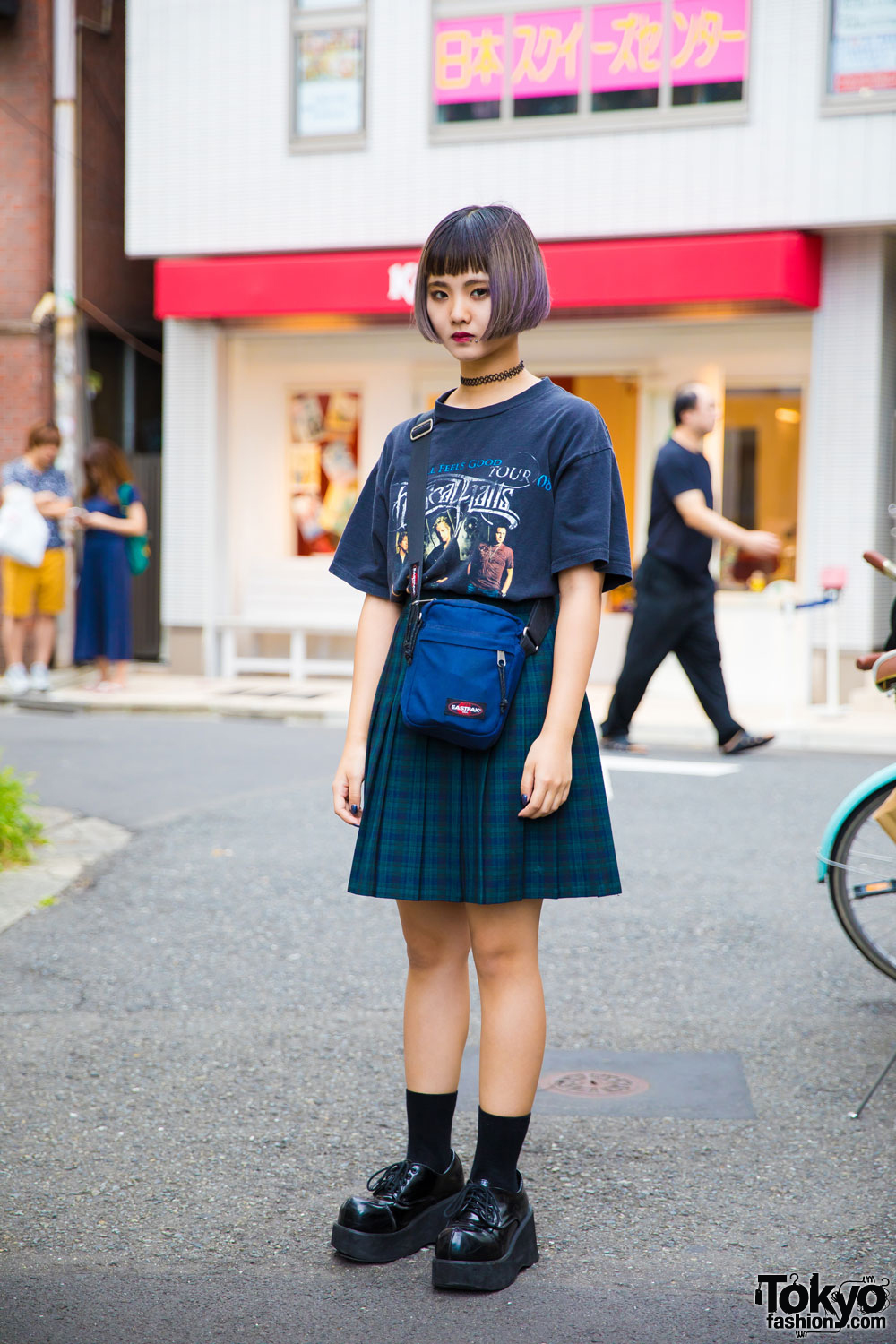 Harajuku Girl w/ Purple Bob & Piercings in Vintage Band T-Shirt w/ Faith Tokyo, Bubbles & Eastpak