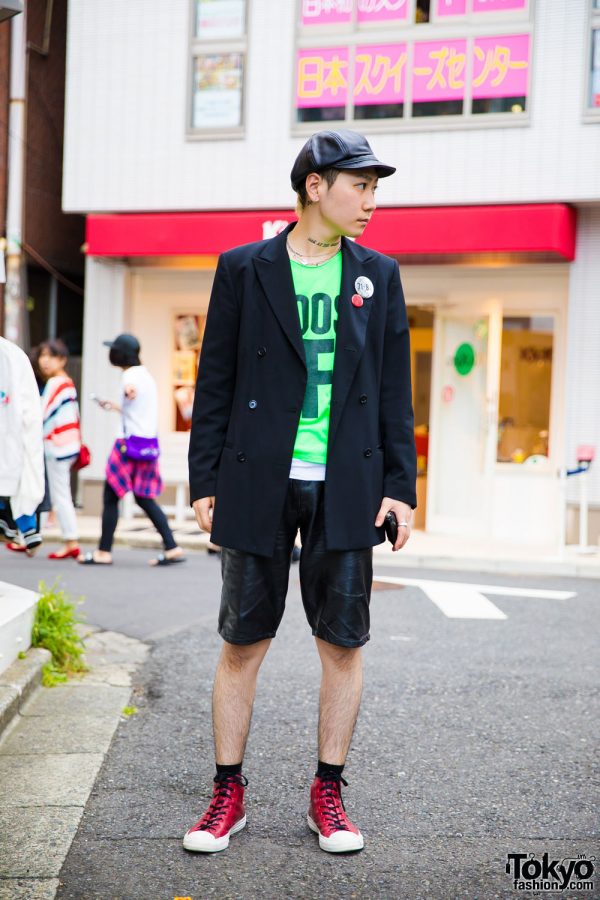 Harajuku Guy in Leather Newsboy Hat, Vintage Blazer, Leather Shorts & Converse Sneakers