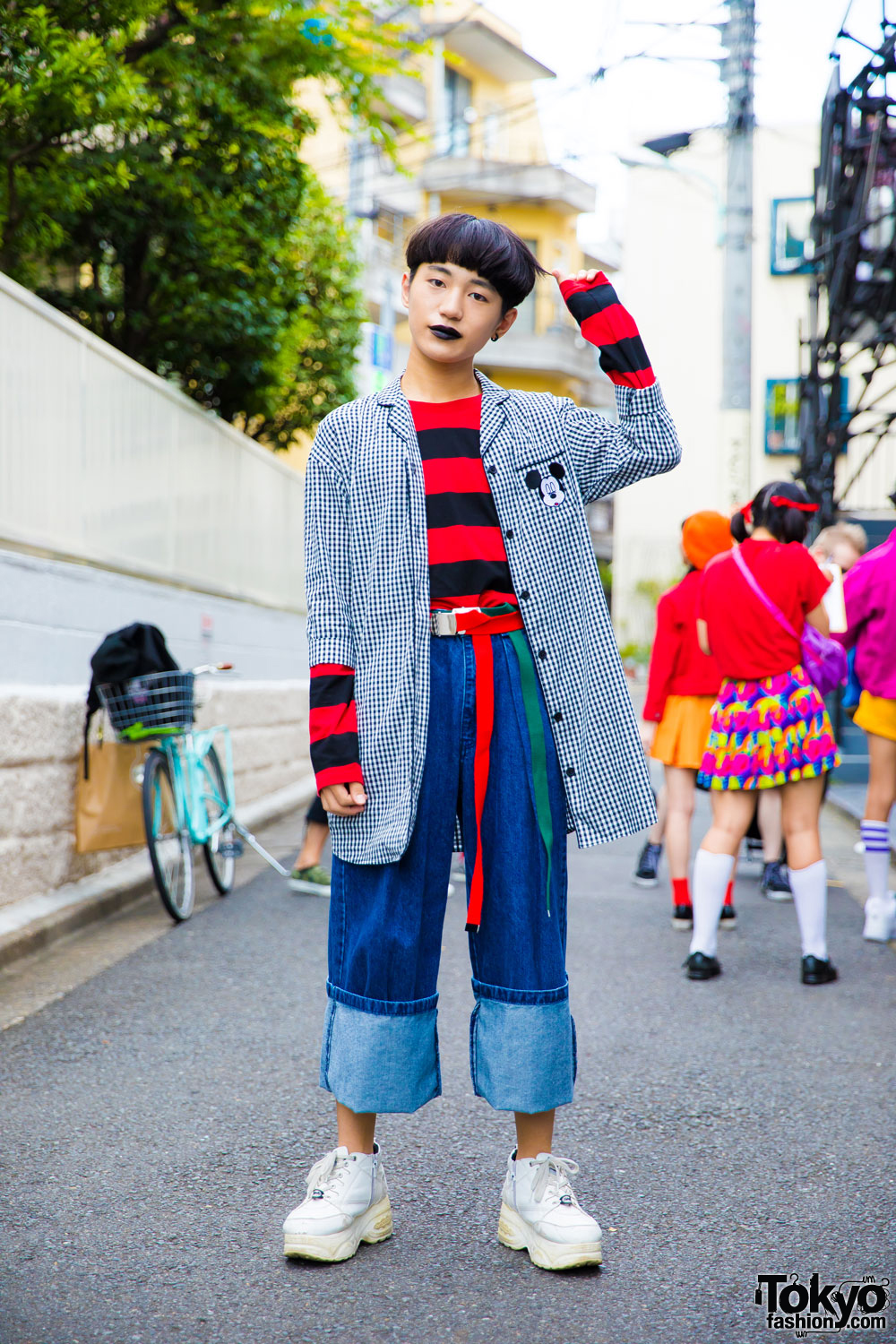 Harajuku Boy in Black Lipstick w/ Plaid Mickey Mouse Coat, Stripes, Cuffed Jeans & Yosuke