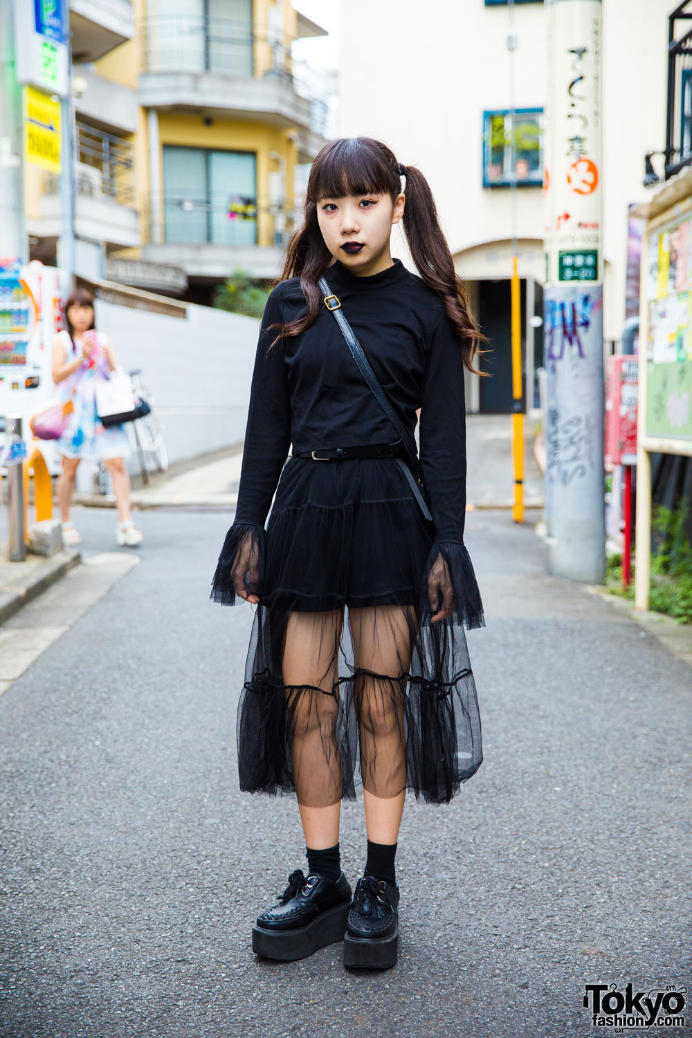 Harajuku Girl in Dark Streetwear w/ Nadia Sheer Skirt & Platform Creepers