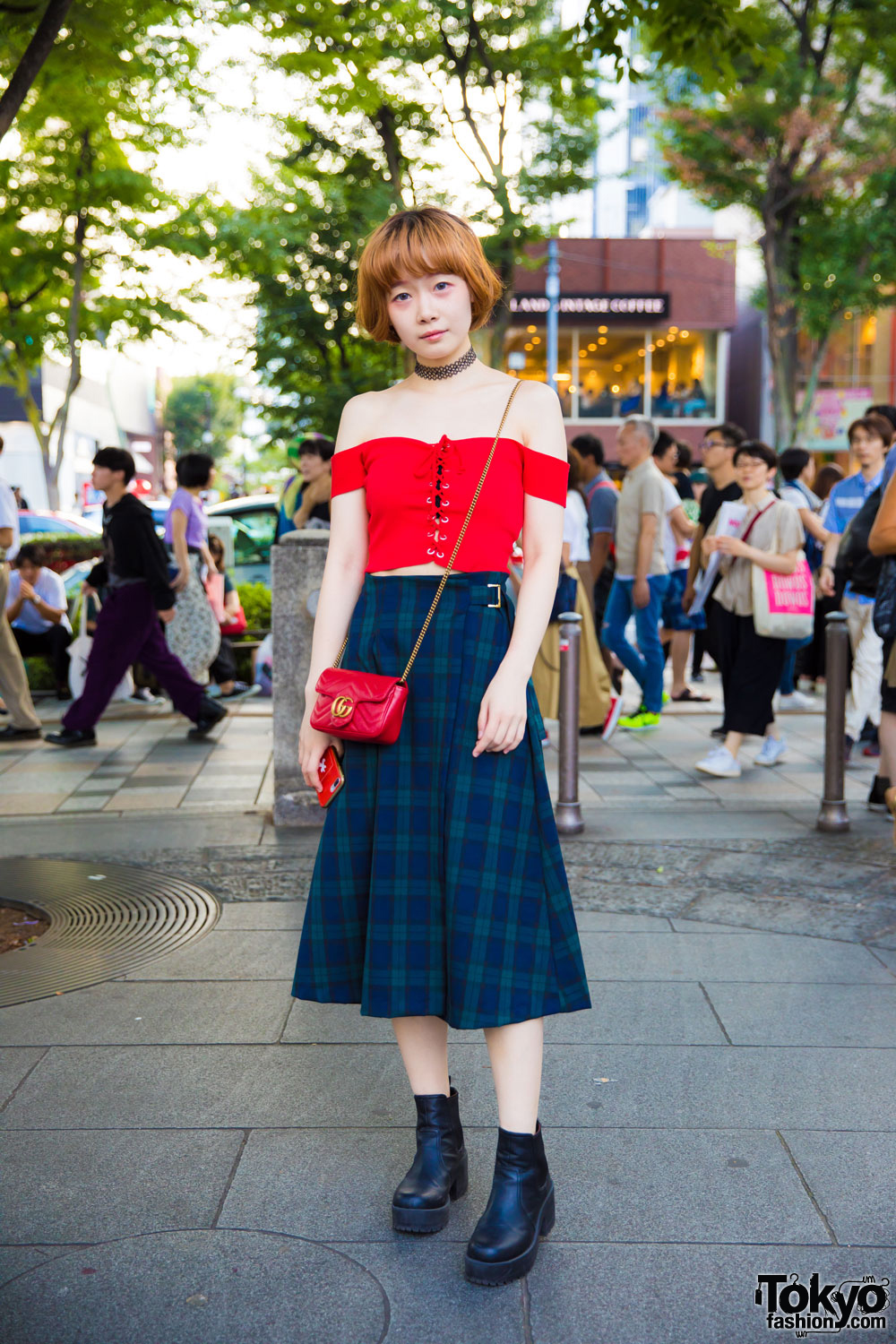 Harajuku Girl in Corset Crop Top & Plaid Midi Skirt w/ Topshop, 3/4 Three Quarter & Gucci