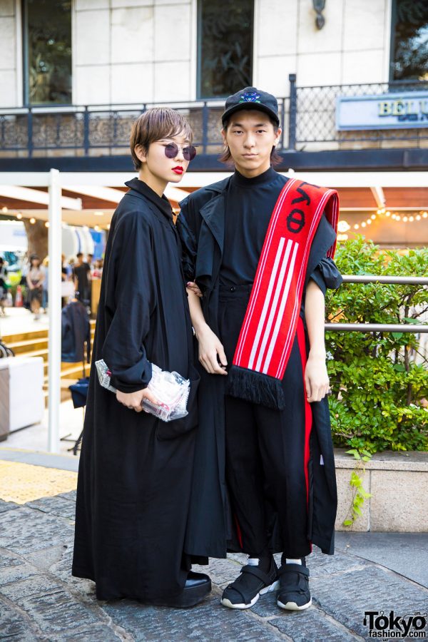 Harajuku Duo in Black Vintage Minimalist Fashion w/ Yohji Yamamoto, Gosha Rubchinskiy, Ground Y, Tokyo Bopper, Mame & Dholic