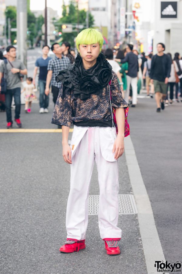 Neon-Haired Harajuku Guy in Avant-Garde Street Style w/ LT Tokyo, Happening & Hello Kitty Tote Bag
