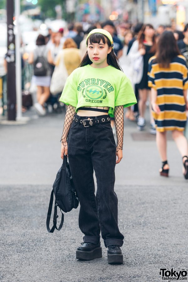 Harajuku Girl in Neon Street Style w/ Chicago Vintage, Adidas & Kinji