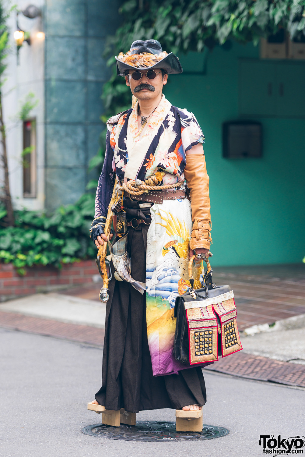 Japanese Steampunk Street Fashion w/ Embroidered Kimono, Geta Sandals & Handmade Items