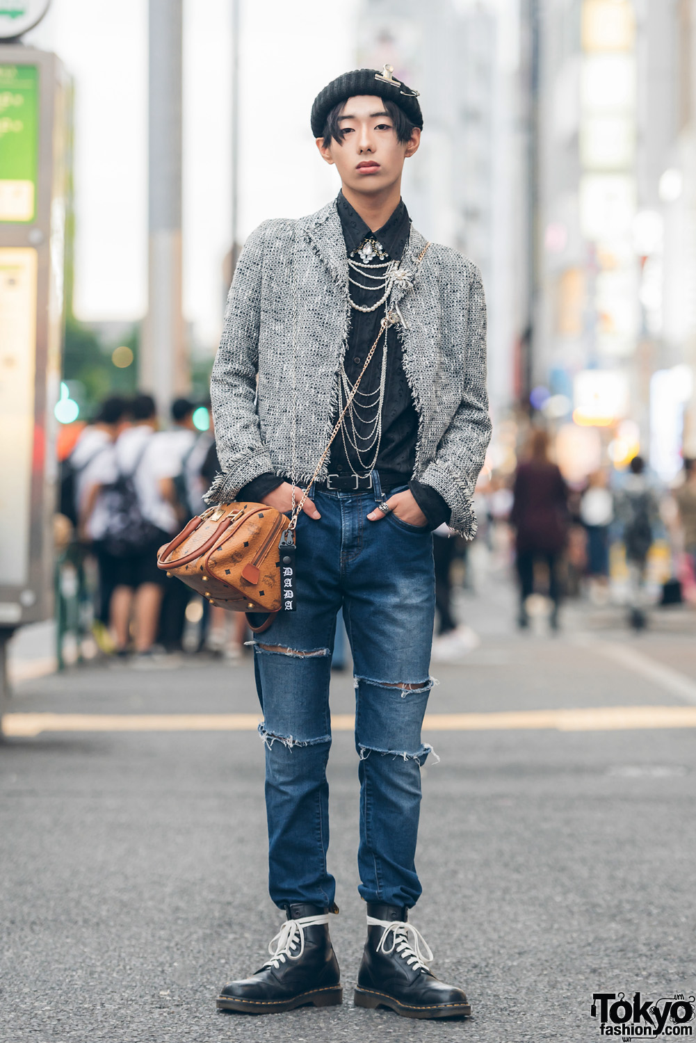 Harajuku Guy in Resale Tweed Jacket w/ Versace, Uniqlo, Dr. Martens, Balenciaga, MCM & Faith Tokyo