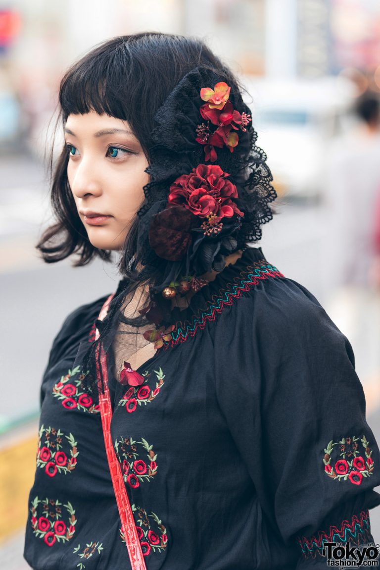 Harajuku Girl in Embroidered Top & Vintage Skirt w/ Grapefruit Moon ...