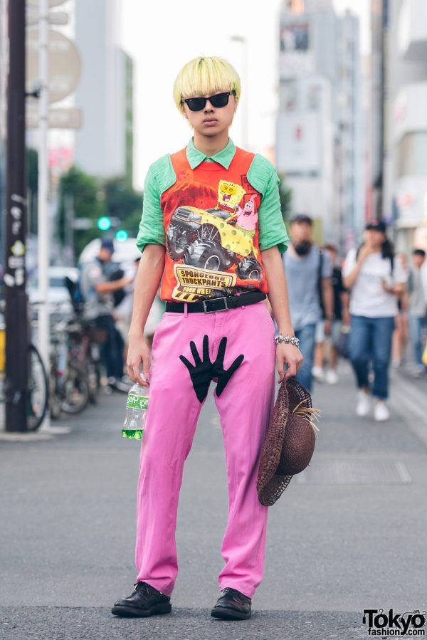 Yellow-Haired Harajuku Guy in Colorful Vintage Streetwear w/ Yoko Ono & Ray-Ban