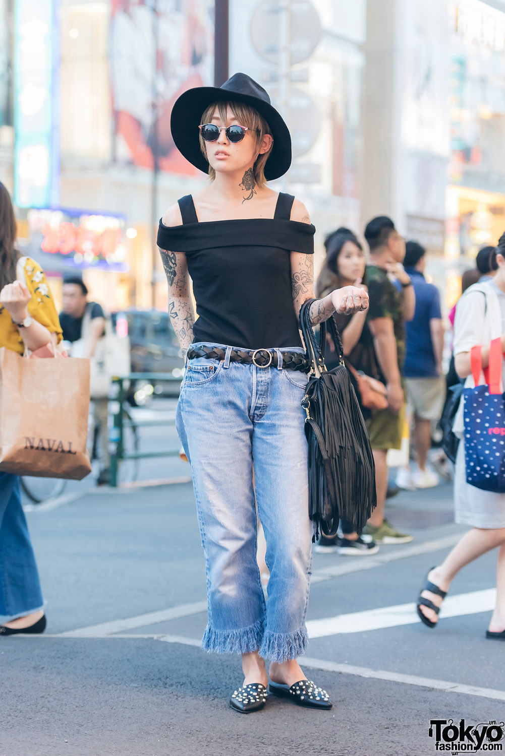 Tattooed Harajuku Girl in Emoda Off Shoulder Top, Fringe Denim & Wide Brim Hat