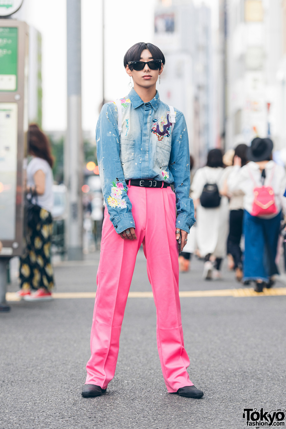 Harajuku Streetwear Look w/ D&G Denim Dragon Shirt, Pink Pleated Pants, Balenciaga Belt & Sackpack