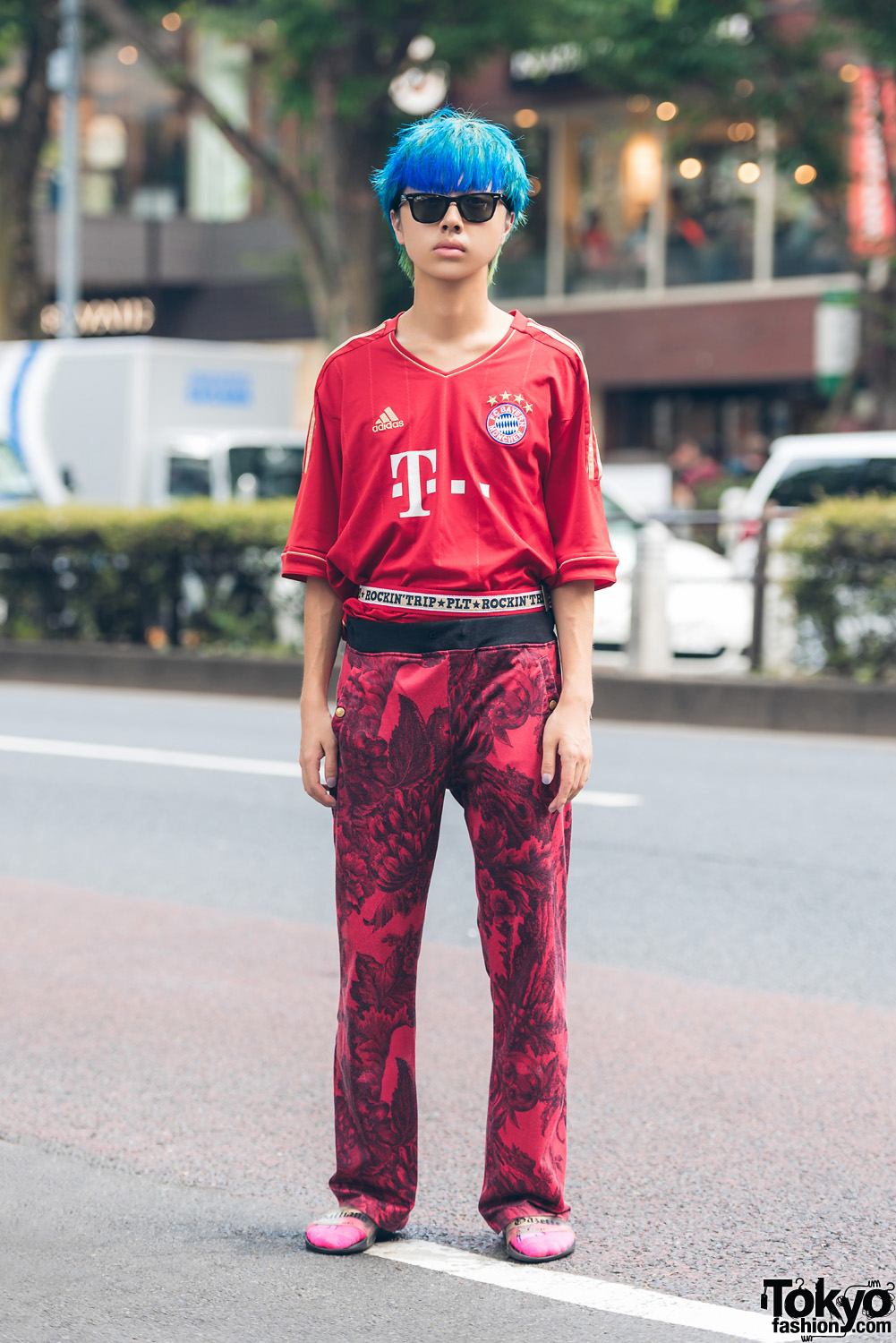 Blue-Haired Harajuku Guy in All Red Street Style w/ Vintage Jersey & Pants, John Galliano Sliders & Ray-Ban Sunglasses