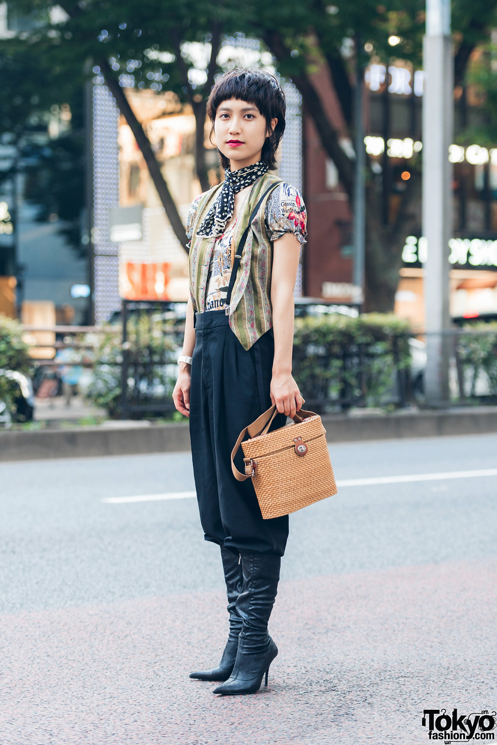 Harajuku Girl in Chic Retro Street Style w/ John Galliano Print Top & Suspenders
