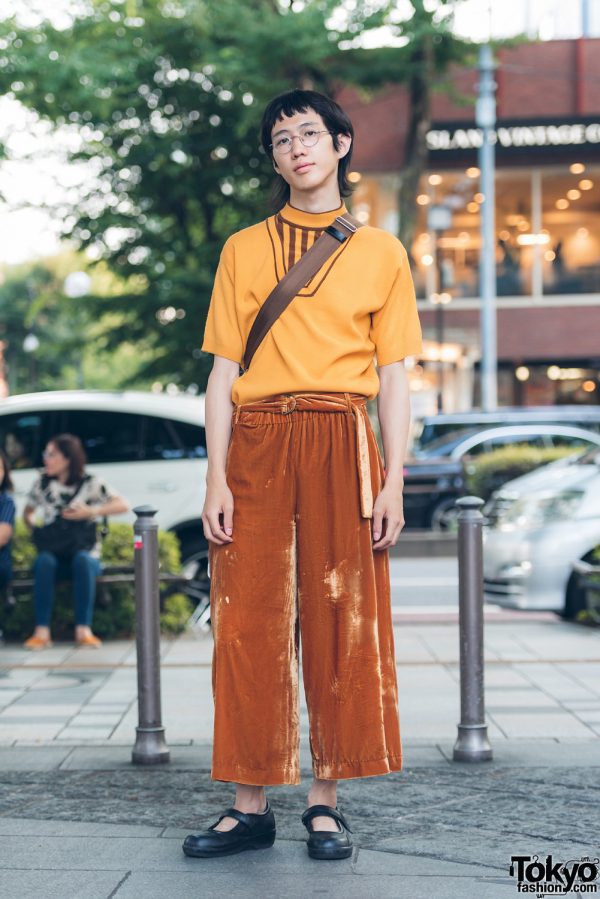 Harajuku Guy in Orange Vintage Minimalist Street Style w/ Comme des Garcons Crossbody Bag
