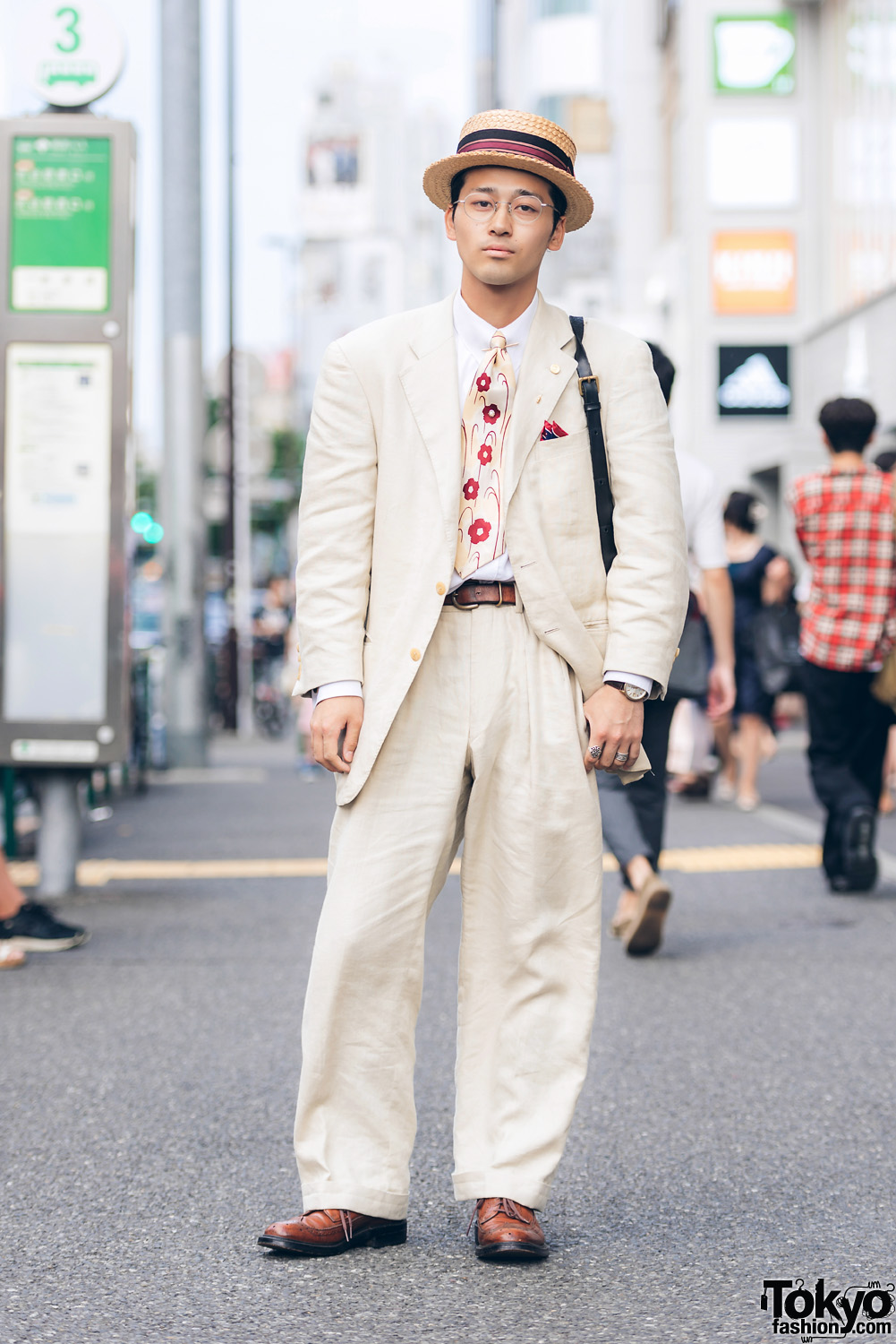 Retro Men's Khaki Suit Street Style in Tokyo w/ Polo Ralph Lauren & Sears