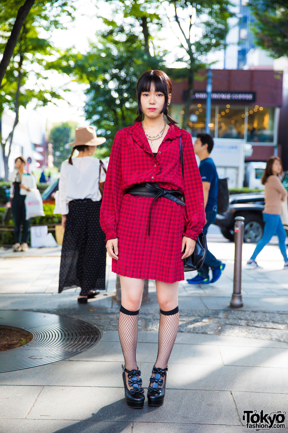 Harajuku Girl in Plaid Dress, Fishnet Socks & Platform Bow Shoes