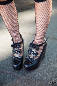 Harajuku Girl in Plaid Dress, Fishnet Socks & Platform Bow Shoes ...
