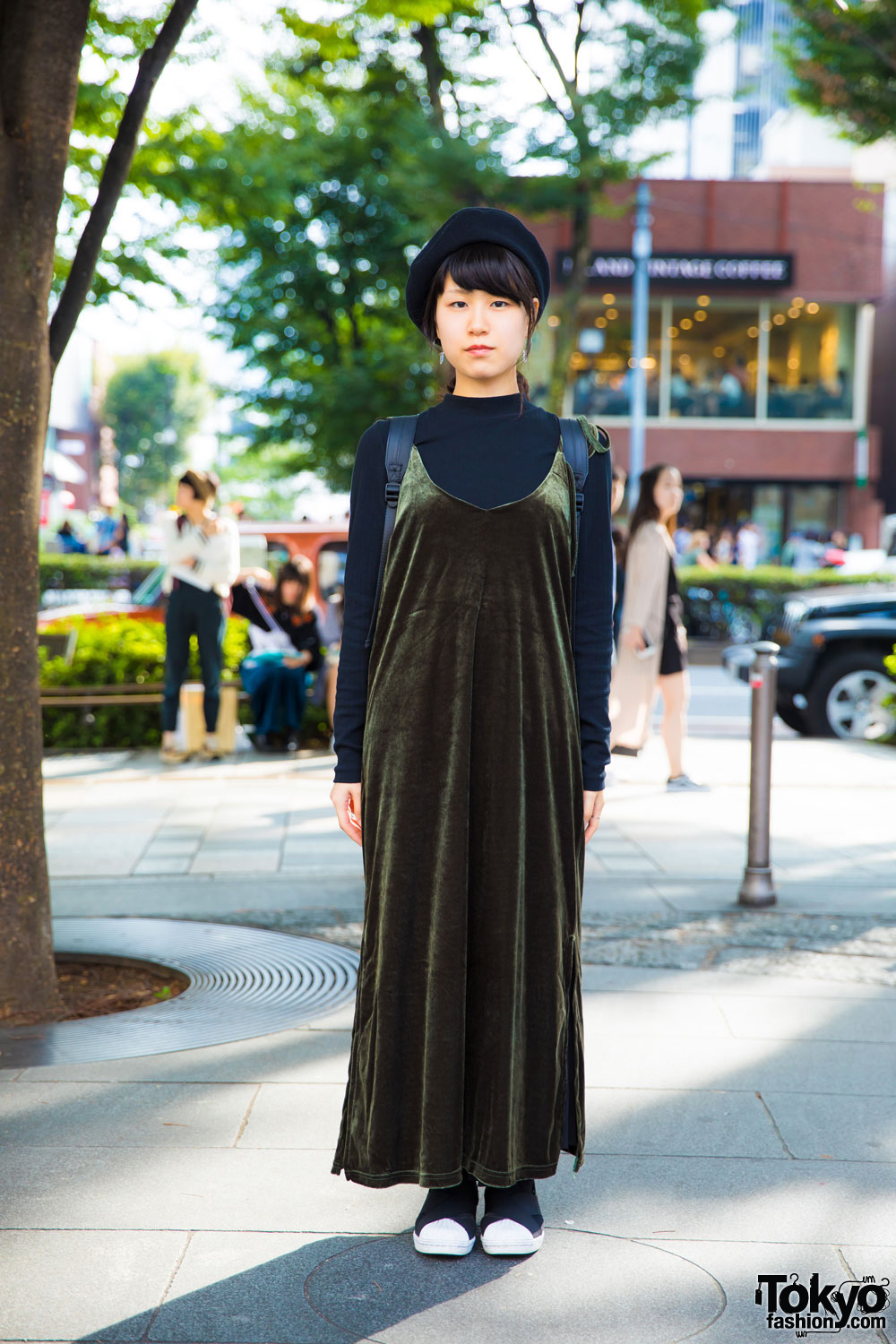 Harajuku Girl in Velvet Jumper Dress Fashion w/ UNIQLO, Helk, Adidas, Teppen, Ikumi & Muji