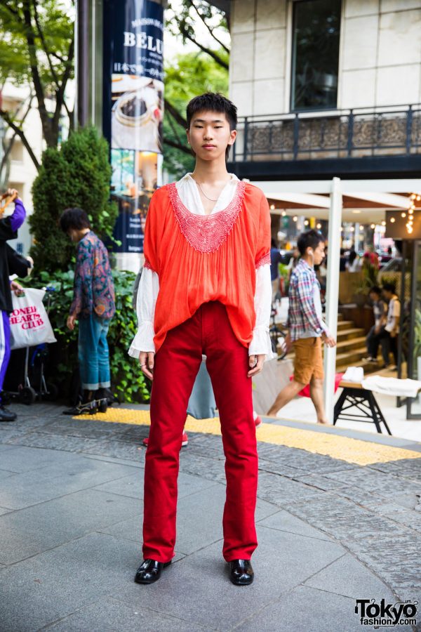 Vintage Red & White Minimalist Fashion in Harajuku w/ Levi’s Pants