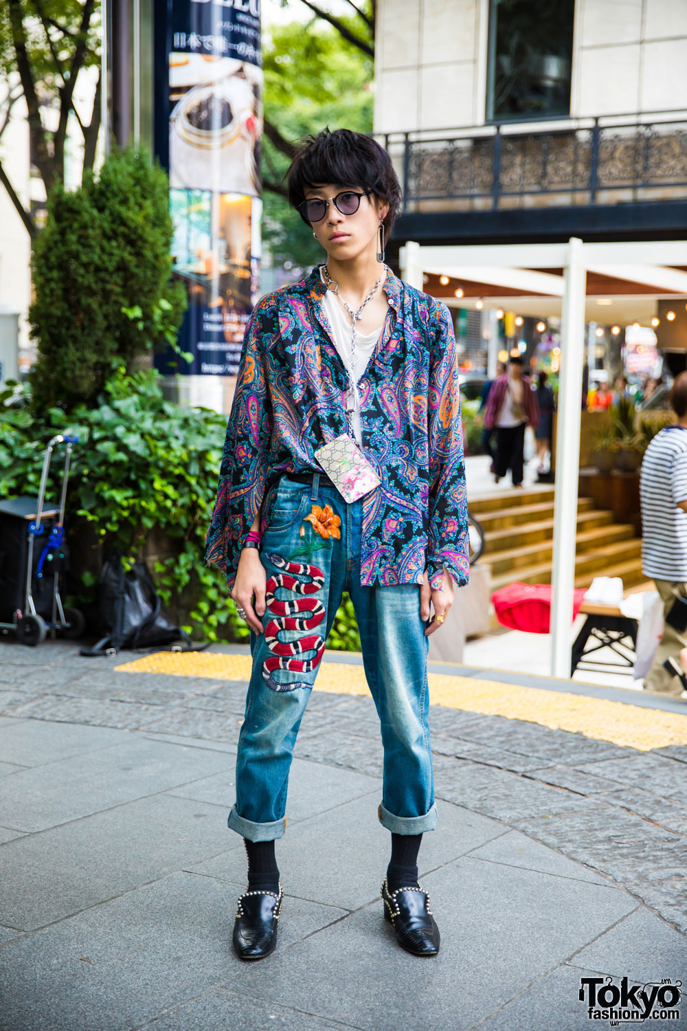 Harajuku Guy in Retro Street Style w/ Paisley Shirt, Gucci Patch Jeans & Vintage Shoes