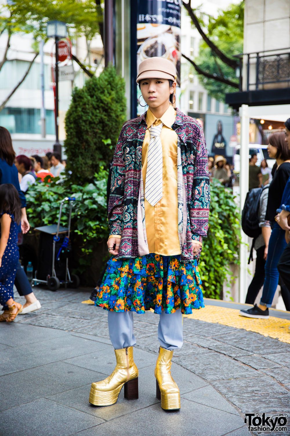 Harajuku Guy in Tan Hat, Striped Necktie & Vintage Layered & Printed Clothing